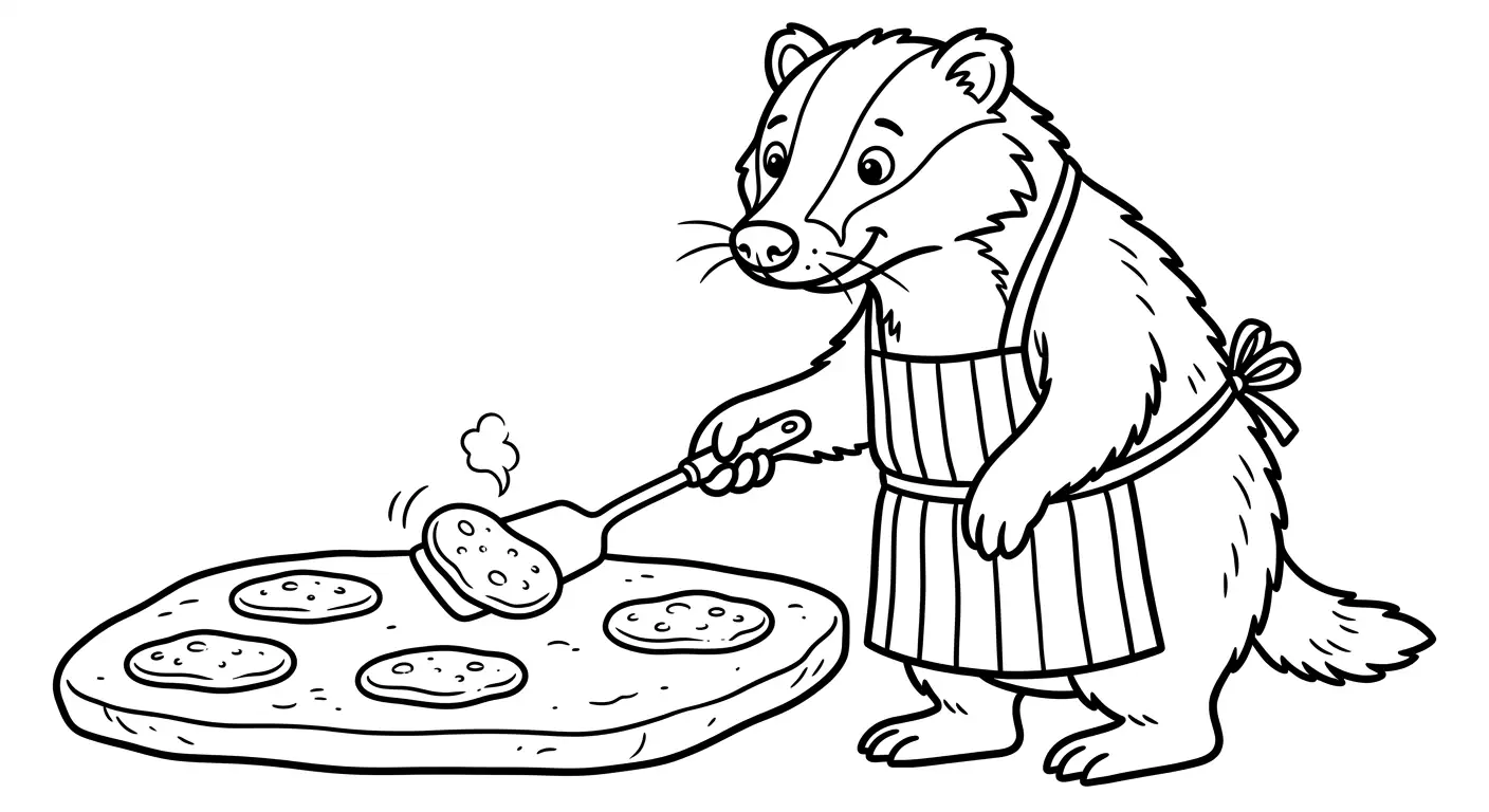 coloring badger with apron baking pancakes