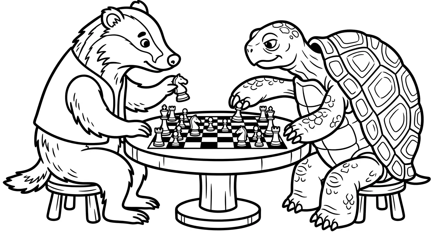 coloring badger playing chess with a turtle