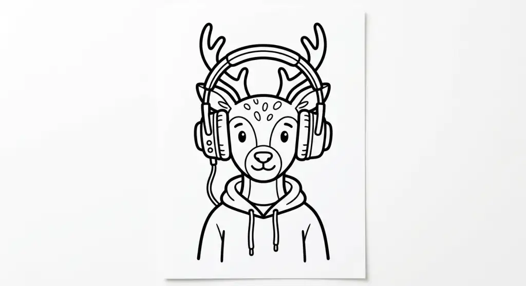 spalvinti žmogų su elnio galva ir didelėmis ausinėmis