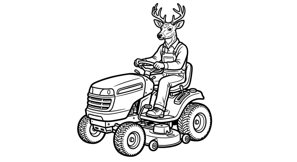 spalvinti žmogų su elnio galva vairuojantį žoliapjovę