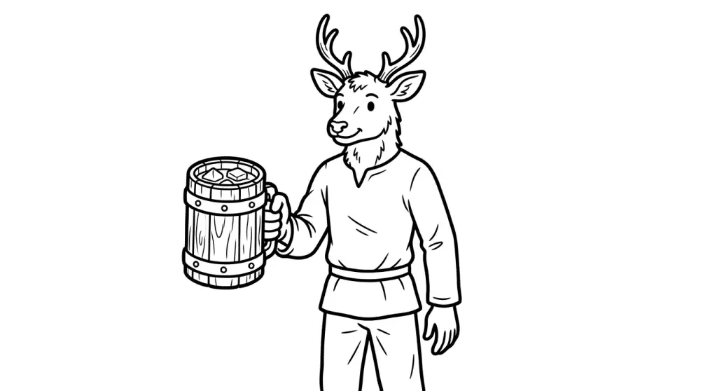 spalvinti žmogų su elnio galva geriantį sultis iš medinio bokalo