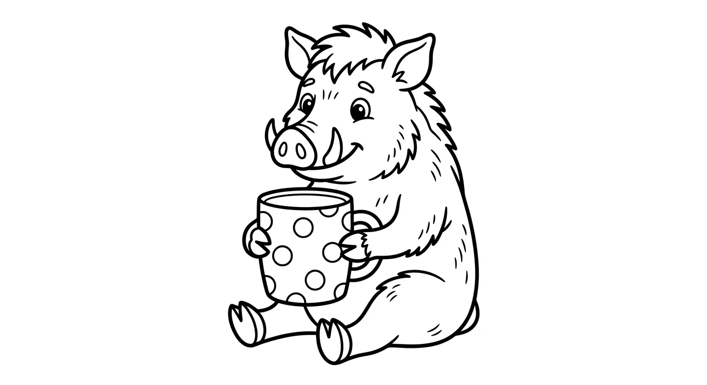 boar drinking cocoa from polka-dot cup