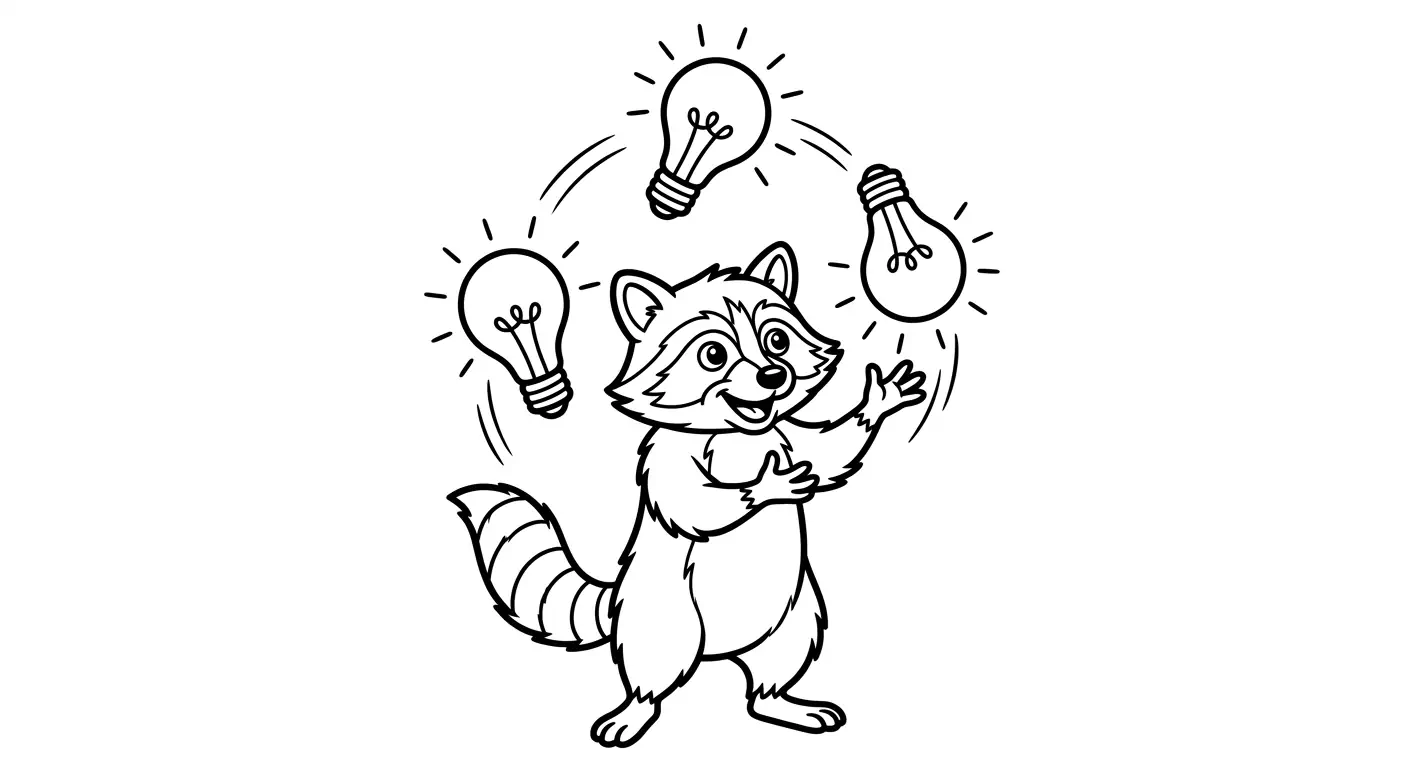 Raccoon juggling lightbulbs