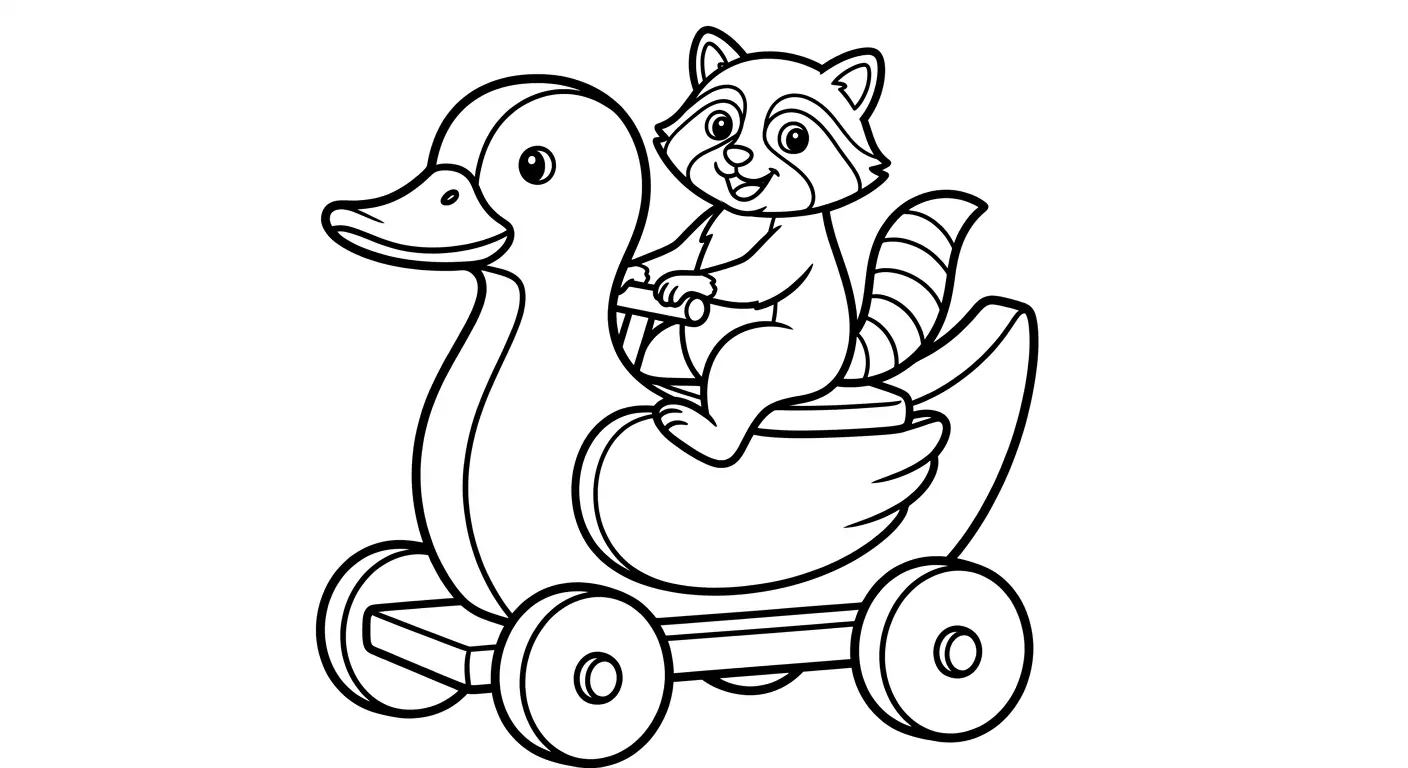 Raccoon riding a wooden duck
