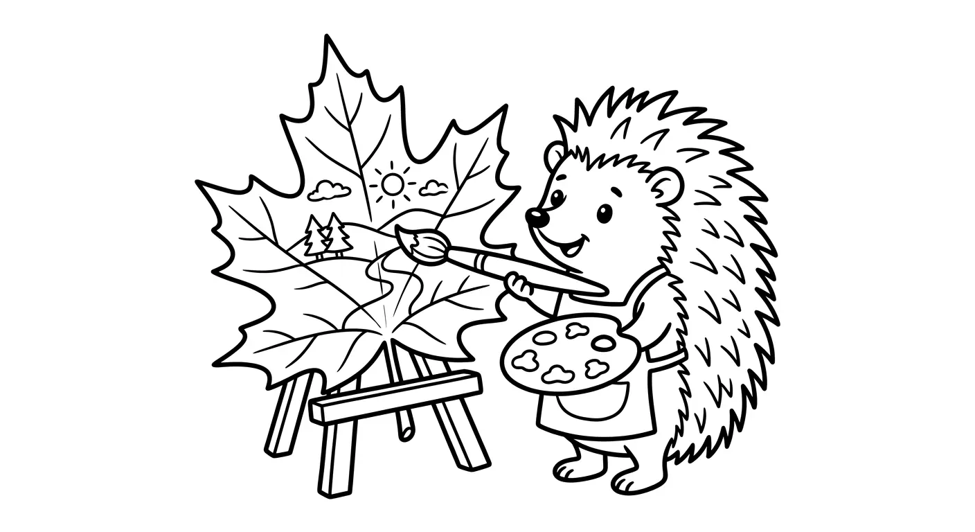 spalvinti ežį-dailininką tapantį ant lapo