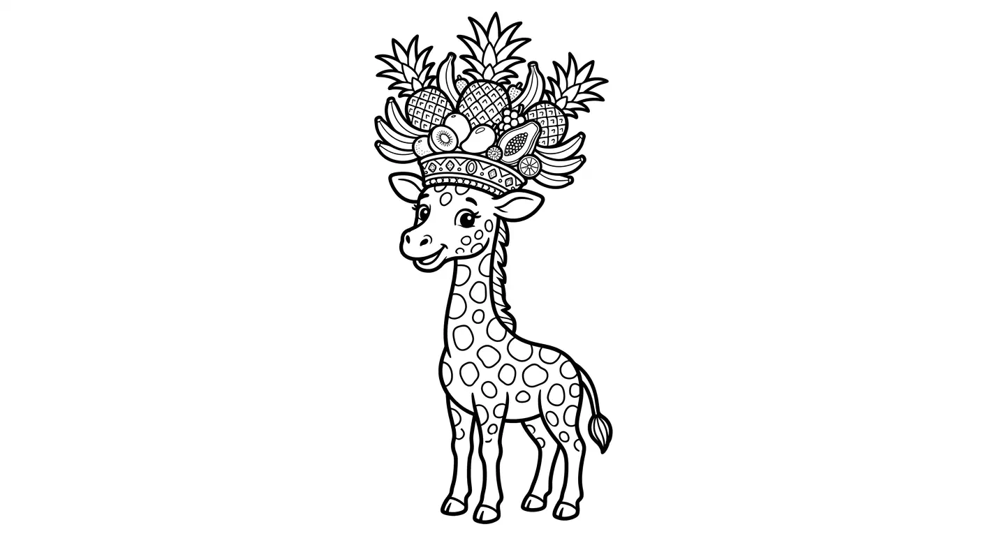 Žirafa su vaisių karūna spalvinimo puslapis