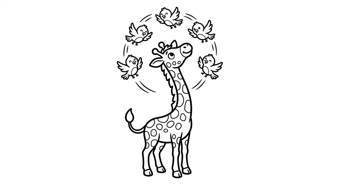 Žirafa žongliruojanti paukščiais piešiniai