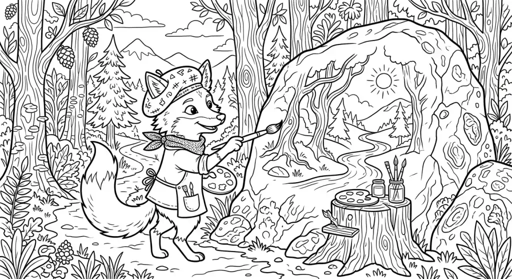 Penkios linksmos lapės istorijos spalvinimo paveiksliukas vaikams