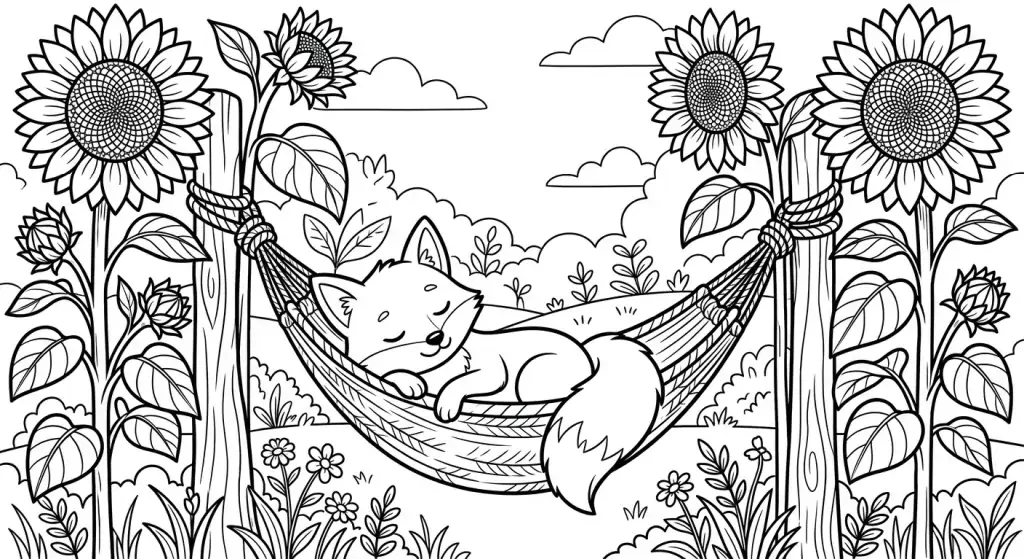 Fox in a hammock between sunflowers