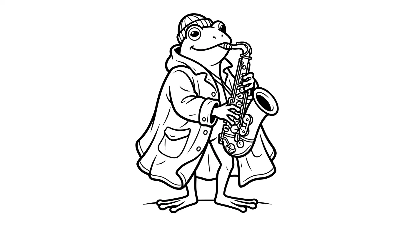 Frog playing saxophone under raincoat