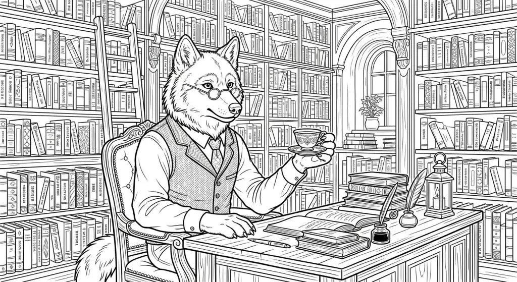 Vilkas geria arbatą bibliotekoje