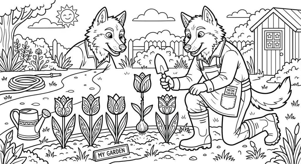 Vilkas sodina neonines tulpes